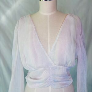 Pastel Opalescent Sheer balloon sleeve plunge Neckline Blouse S